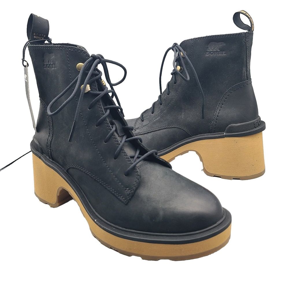 Sorel Hi-line Ankle Boots Combat Heel Platform Lace Up black size 9 New